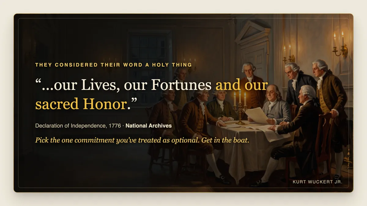 Quote card: "our Lives, our Fortunes and our sacred Honor"