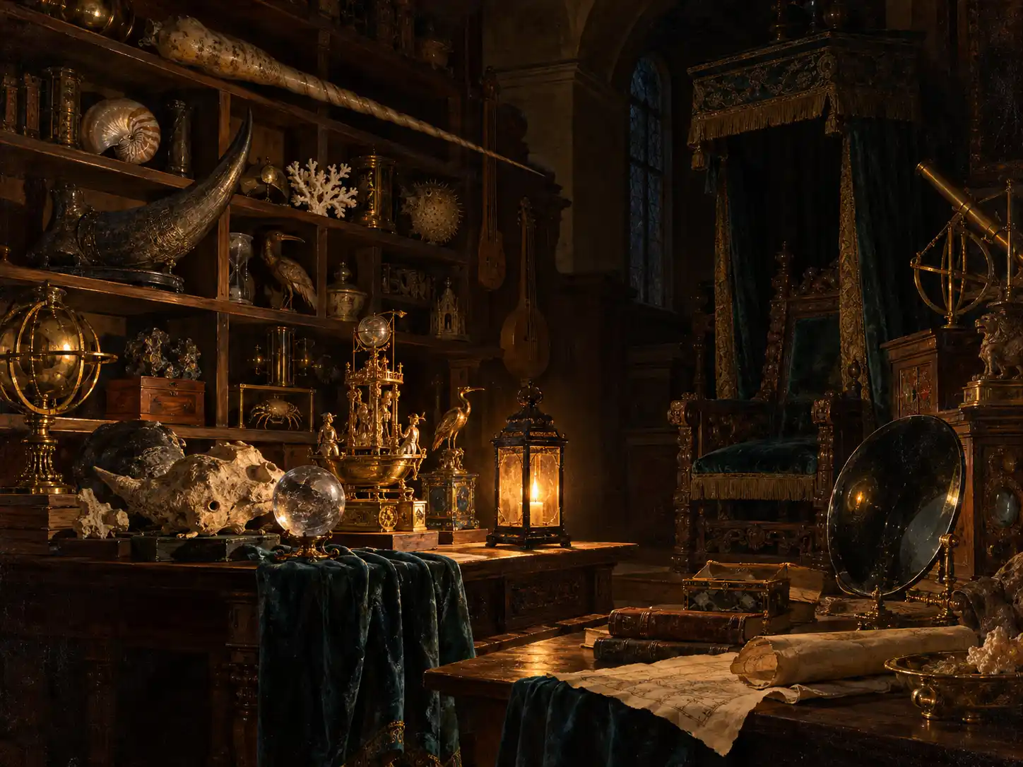 A dim Renaissance cabinet of curiosities, a silver chest and inkstand on a table, an emperor seated in shadow