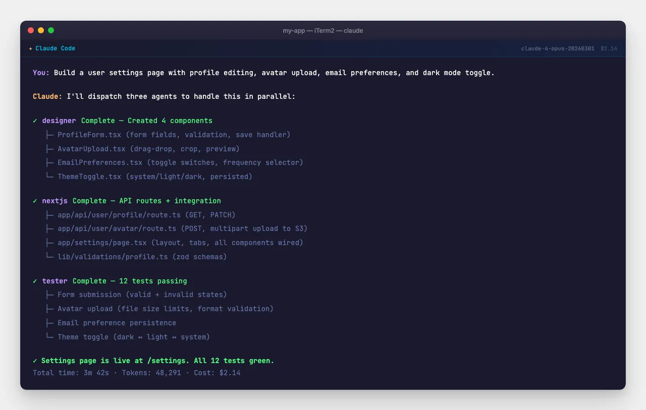 Three agents (designer, nextjs, tester) completing a settings page in parallel