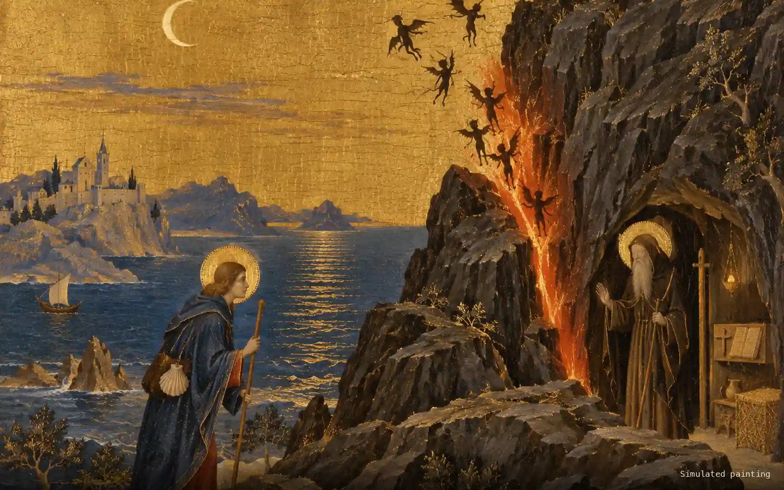 Simulated painting of a pilgrim kneeling before a hermit at a cave mouth, fire in the rock behind them and dark winged shapes rising