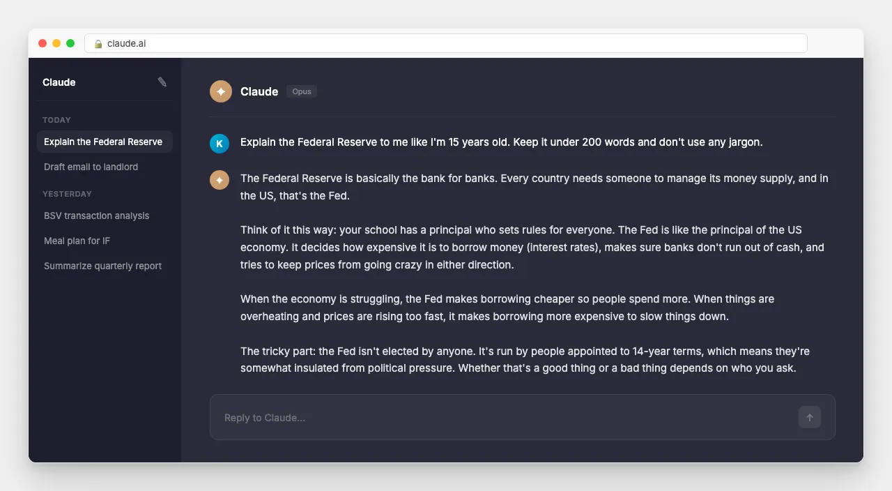 Claude.ai chat interface showing a conversation about the Federal Reserve