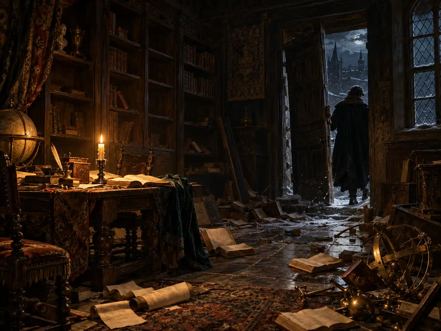 A simulated painting of a candlelit Elizabethan library in ruins, books scattered on the floor and a broken brass instrument in the snow light from the doorway