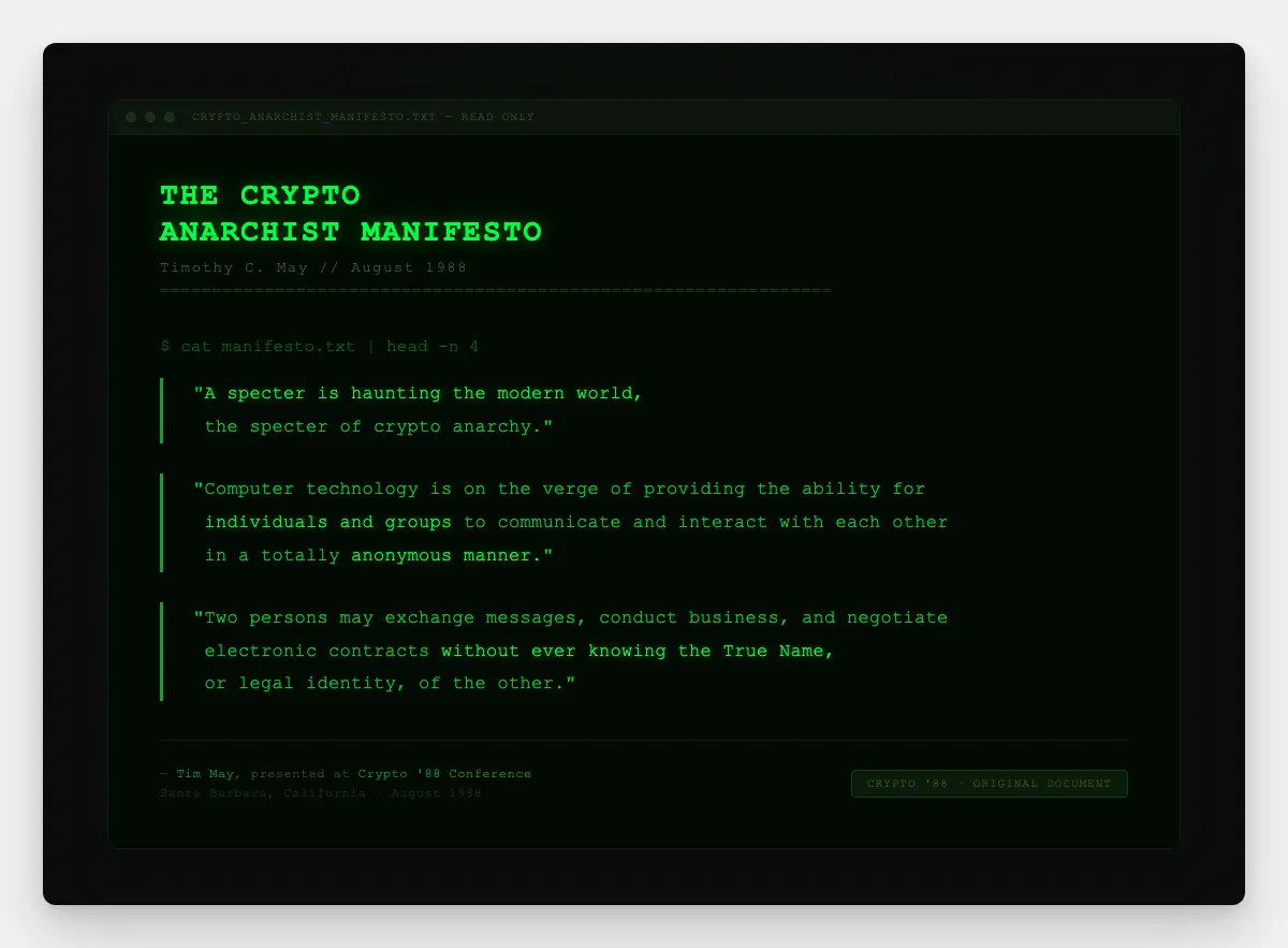 Excerpt from The Crypto Anarchist Manifesto, Tim May, 1988, distributed at the Crypto '88 conference