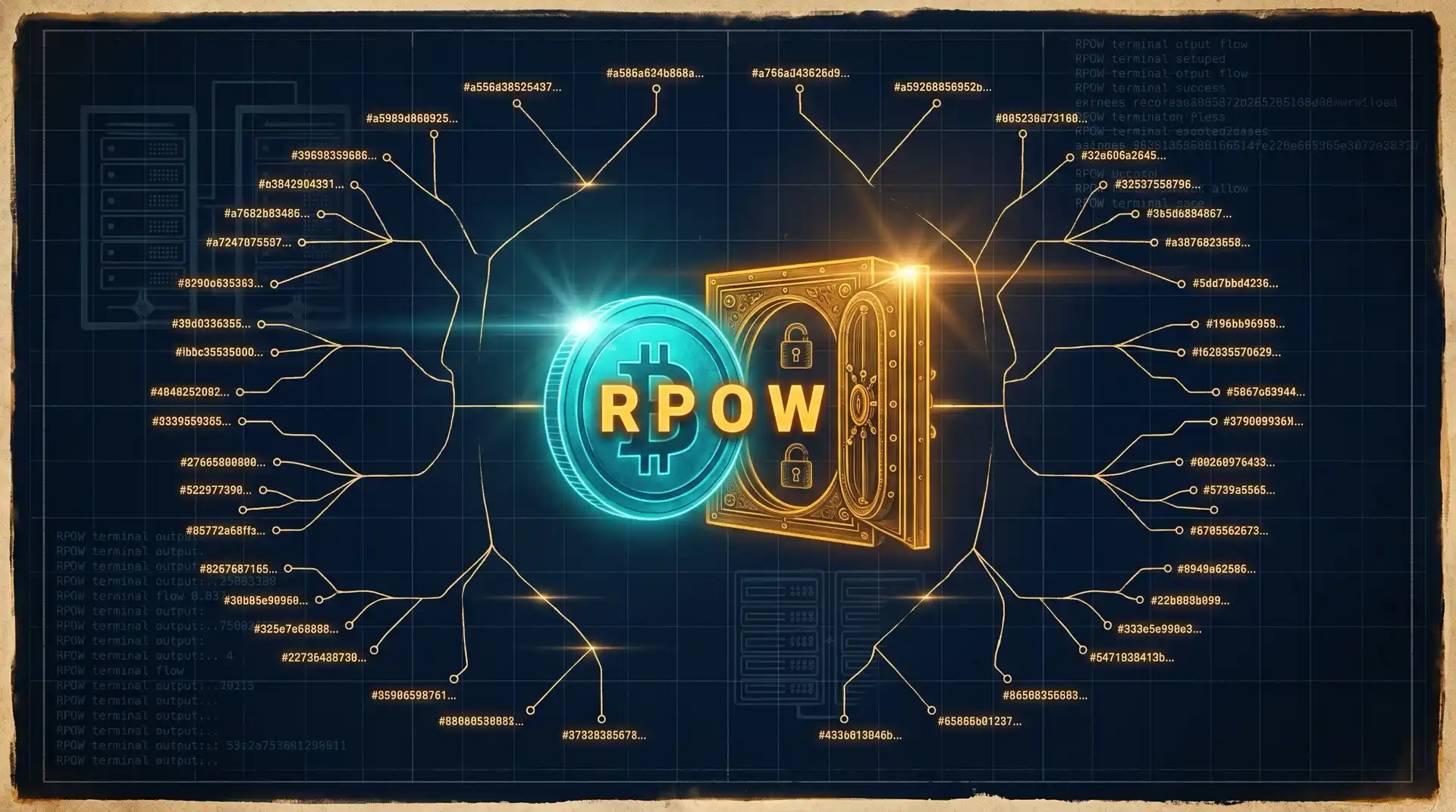 Schematic rendering of Hal Finney's Reusable Proofs of Work architecture, dark amber and navy palette, a glowing RPOW token passing through a central PGP-signing module. The film's single strongest technical argument is that the structure of RPOW, which Finney built in 2004, echoes Bitcoin's early proof-of-work design. Primary source: the RPOW documentation preserved at the Nakamoto Institute.