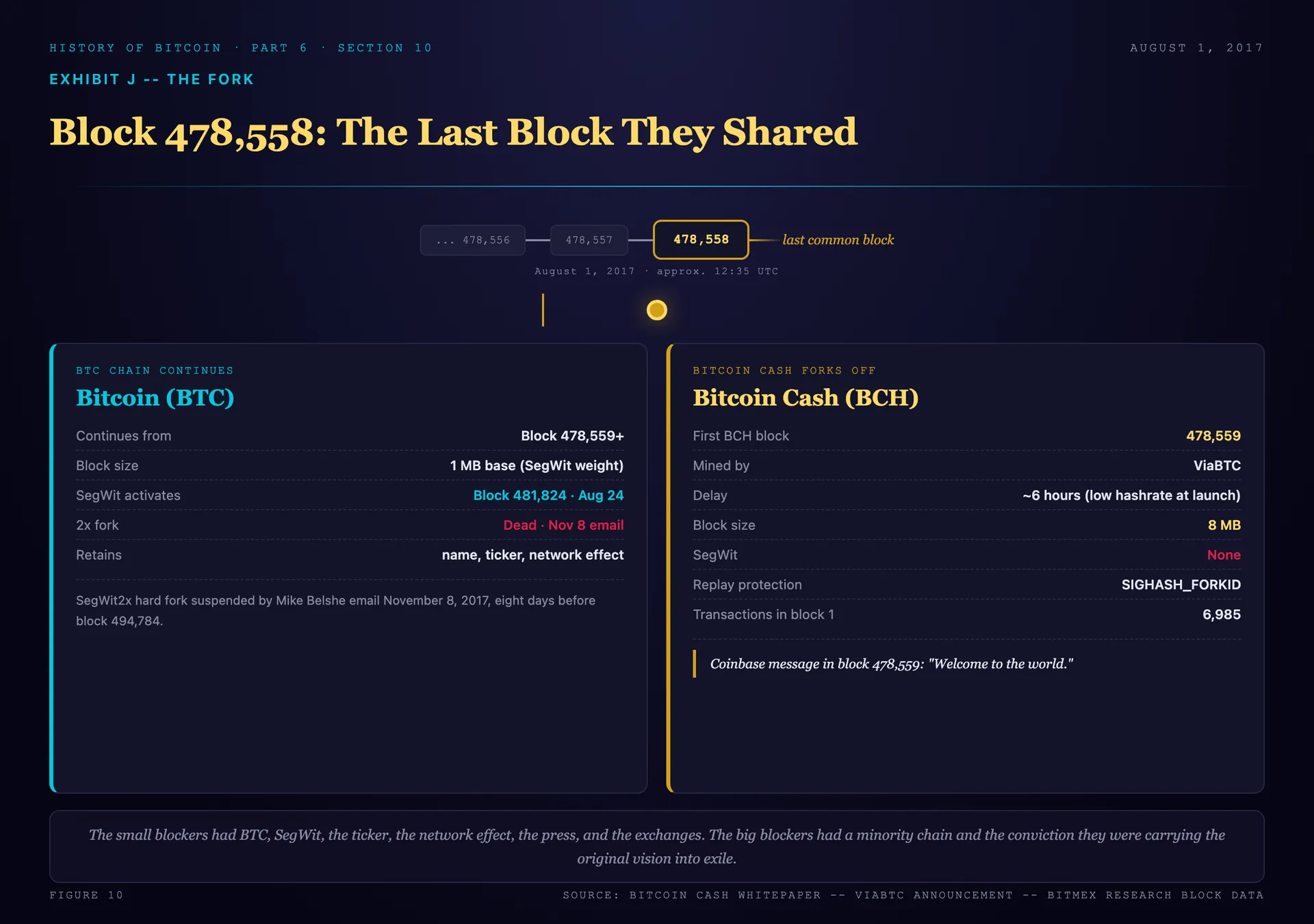 Fork diagram of August 1, 2017: a single Bitcoin chain reaching block 478,558, the last common block, then splitting into two paths. The BTC path continues with SegWit activating at block 481,824 on August 24. The Bitcoin Cash path begins at block 478,559, mined by ViaBTC about six hours later with 8MB blocks, no SegWit, SIGHASH_FORKID replay protection, and the coinbase message "Welcome to the world"