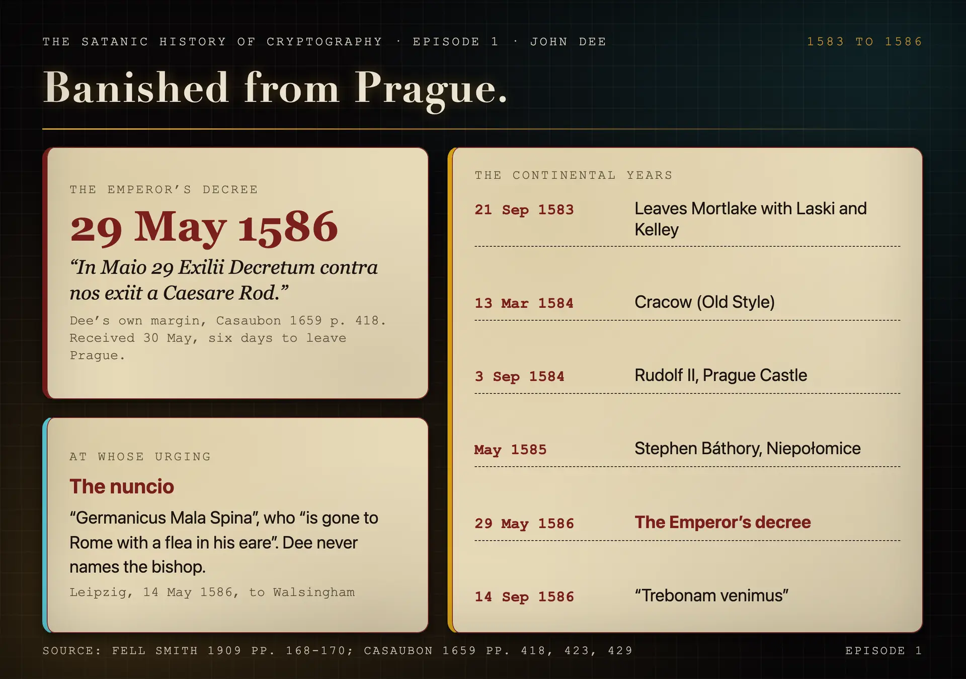 A document card reading Banished from Prague, with the date 29 May 1586 and a timeline of the Continental years