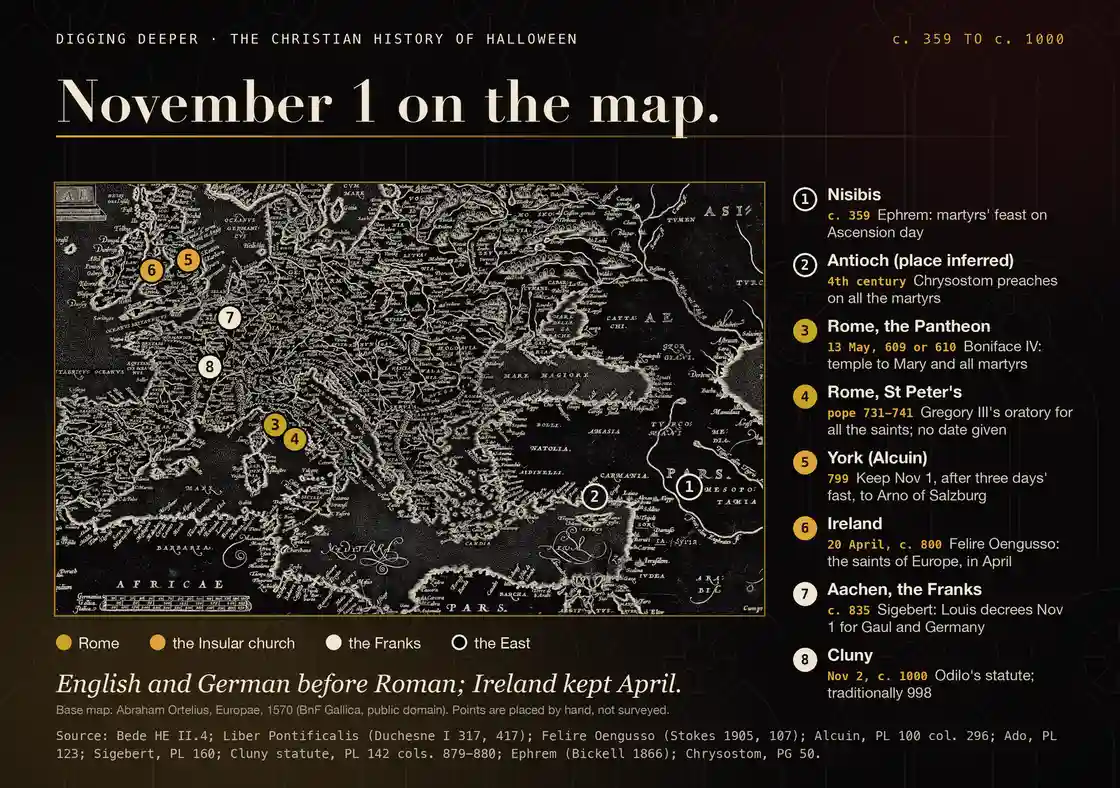 Map of where the first of November first appears as All Saints: England and Germany by about 800, Gaul by imperial decree, Ireland keeping its feast of the saints on 20 April
