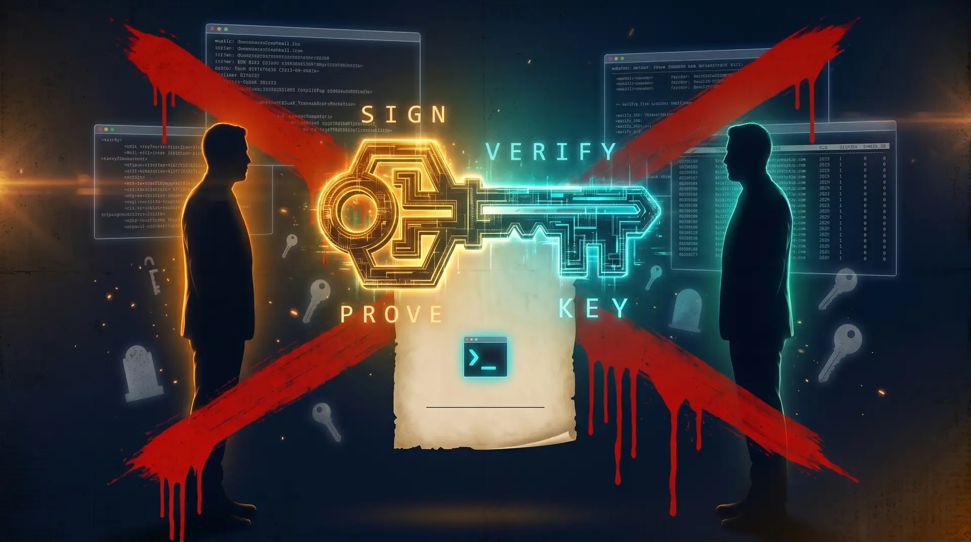 A glowing Bitcoin private key hovering over an unsigned scroll, dark amber and navy palette. The only piece of evidence that would close the Satoshi question is a cryptographically signed message from a 2009 or 2010 block-reward address. Neither Finney nor Sassaman produced one while alive, and no such signature has surfaced in the decade since they died.