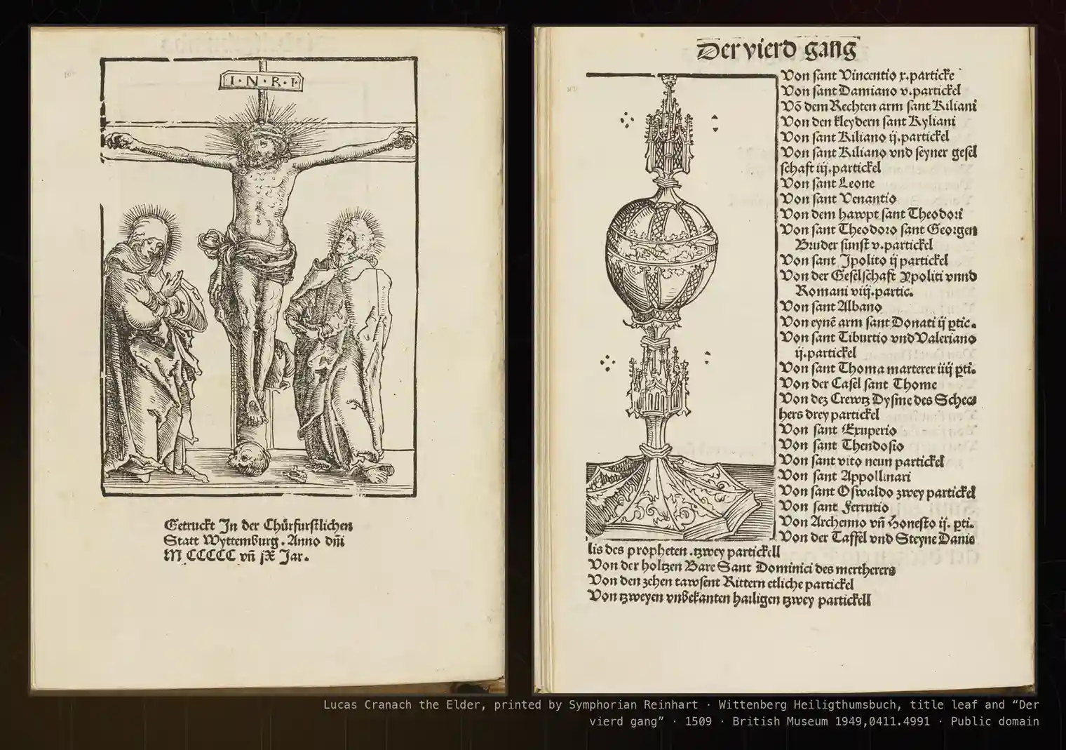 A page of Cranach's woodcut reliquaries from the 1509 Wittenberg relic book