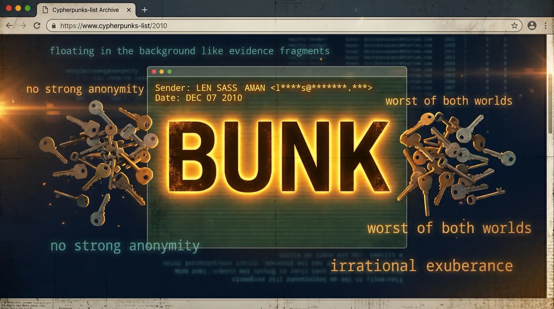 Screenshot-styled rendering of Sassaman's December 7, 2010 tweet with the word "bunk" highlighted in dark amber, set against a navy column layout. A man does not publicly ridicule his own unreleased invention on his personal Twitter feed for no audience. Either Sassaman meant what he wrote, or the filmmakers are proposing that Satoshi Nakamoto spent 2010 and 2011 trash-talking Satoshi Nakamoto under another name.