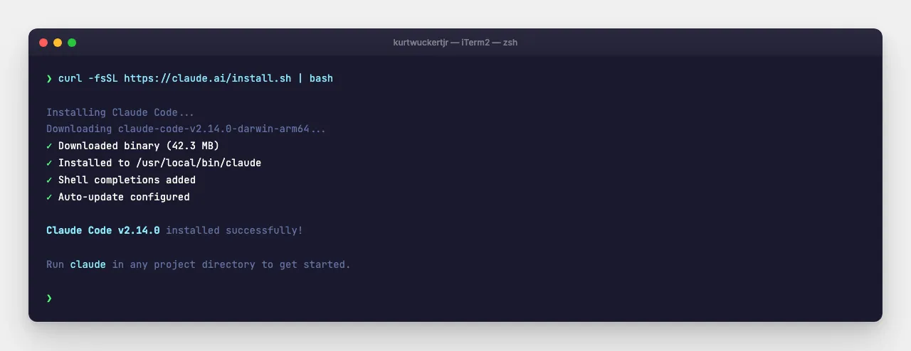 Claude Code installation in iTerm2 — one command, green checkmarks