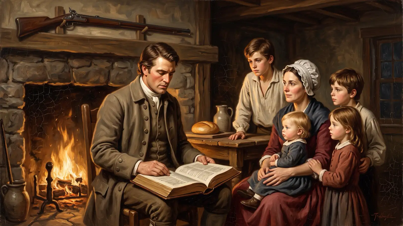 A father reading the family Bible to his wife and children by the hearth, oil painting