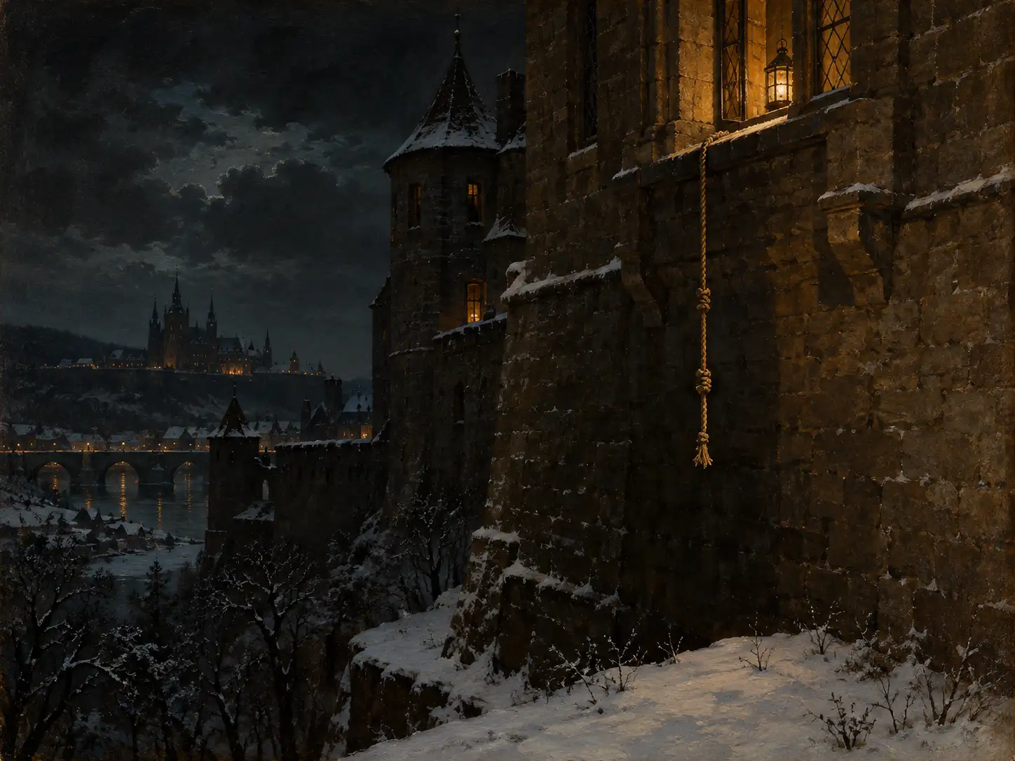 Simulated painting of a castle wall at night, a rope of knotted cloth hanging from a high window, nobody on it