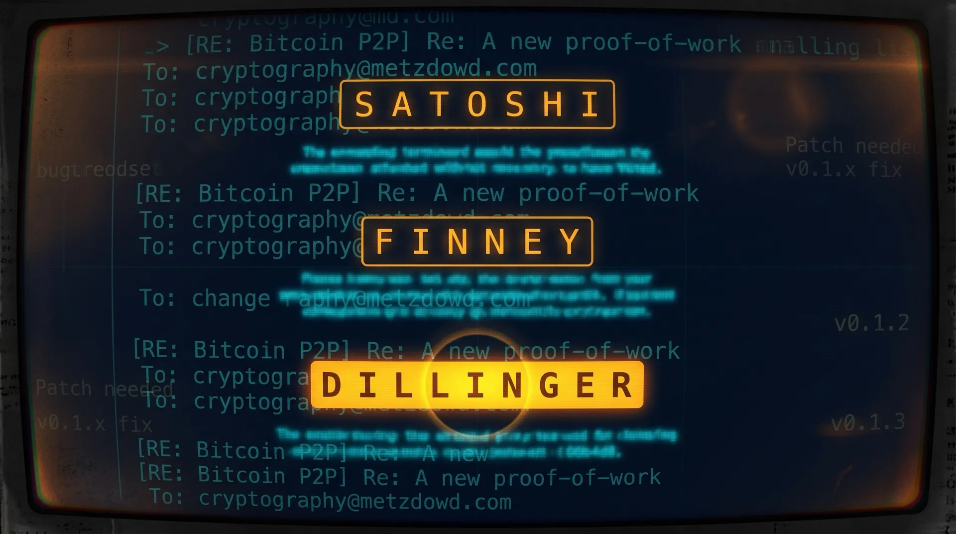 Rendering of the November 2008 Metzdowd thread as a dark amber and navy terminal archive, a third distinct voice labeled "Dillinger" sitting beside "Finney" and "Satoshi" in the message column. This is the correspondence the film omits. Three voices in public review. Two of them cannot be the same person without converting a documented security audit into an elaborate private performance for no audience.