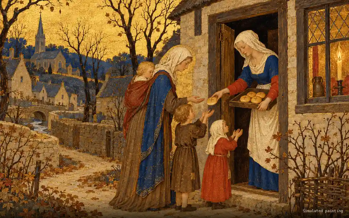 A simulated painting of a goodwife handing soul cakes to children at her door