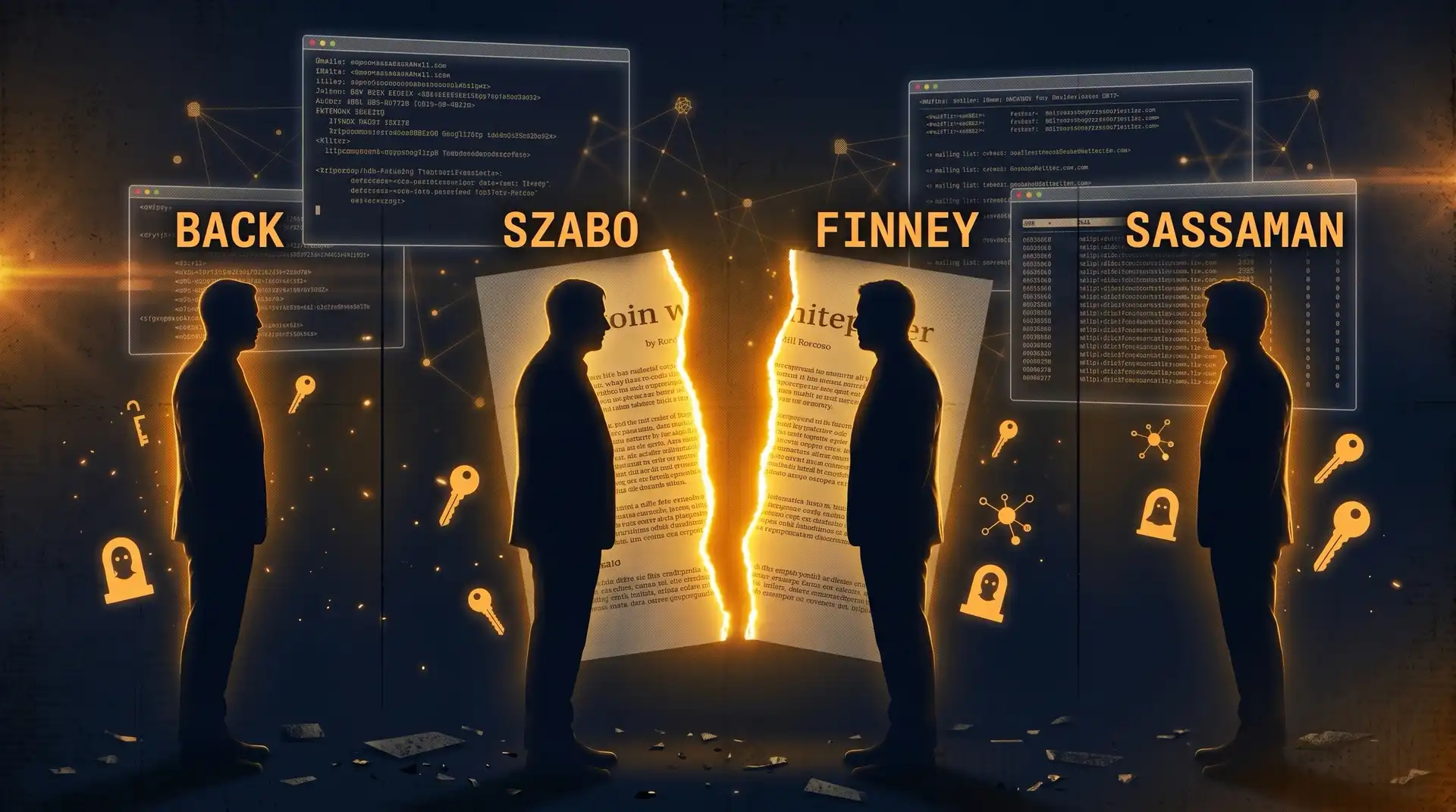 A quadrant illustration, four silhouetted candidates behind a torn Bitcoin whitepaper, dark amber and navy palette. Back, Szabo, Finney, Sassaman. The mainstream's candidate pool consists of people whose public positions on mining, scaling, privacy, or ideology placed them in opposition to the design Satoshi actually shipped, rather than the people who built Bitcoin in the first place.