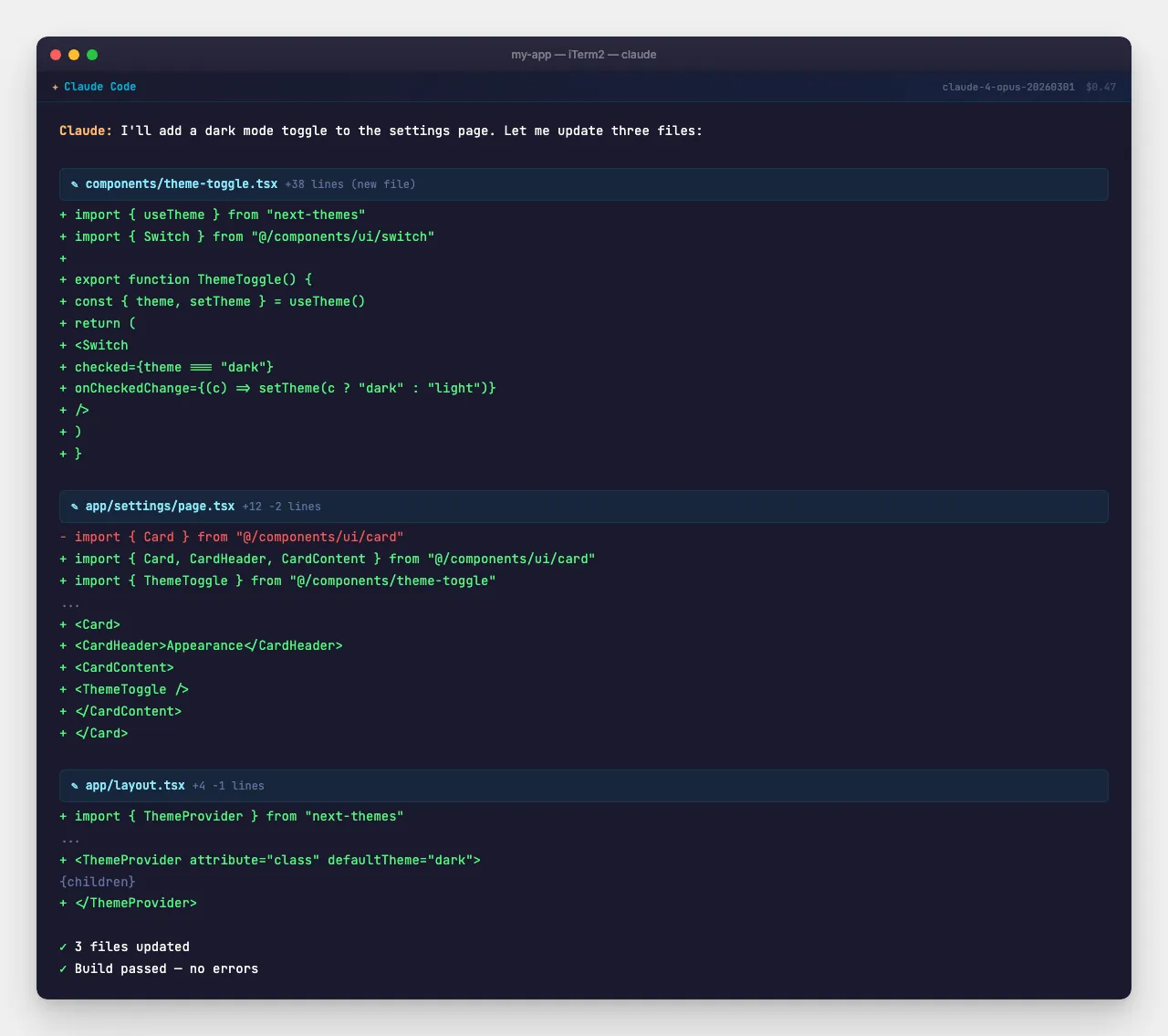 Claude Code writing code across three files with inline diffs