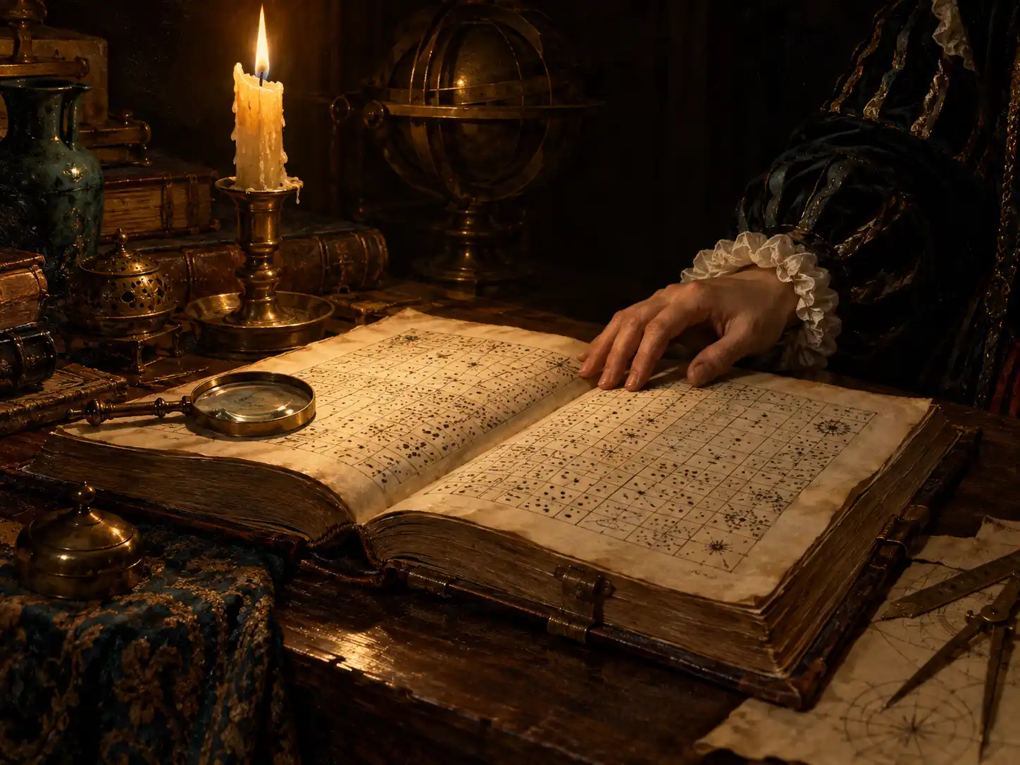 A simulated painting of an open folio of dense letter tables under a reading lens, a hand resting beside it by candlelight