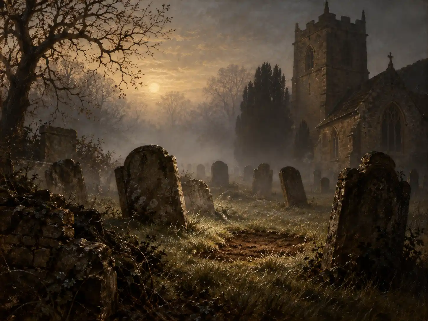 Simulated painting of Mortlake churchyard in fog, a pale rectangle of bare ground in the chancel where a stone once lay