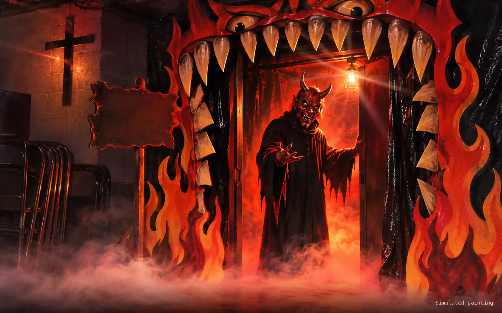 Simulated painting of a church Hell House doorway lit red, a costumed demon at the threshold and a line of teenagers waiting outside