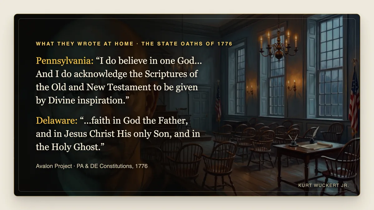 Comparison card: Pennsylvania's broad oath versus Delaware's Trinitarian oath