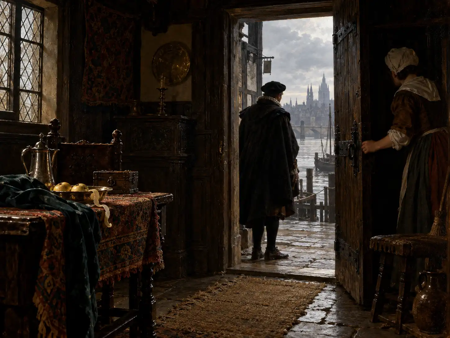 A stranger in a dark cap standing at the door of a riverside house at dusk in March, a lit window behind him