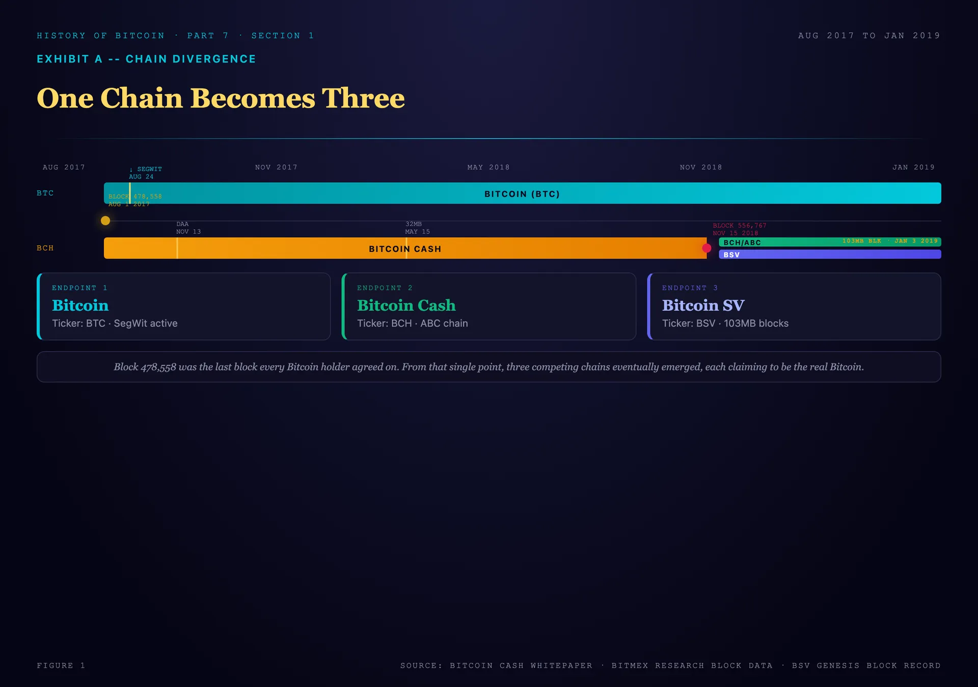 Timeline from August 2017 to January 2019 showing one Bitcoin chain splitting at block 478,558 into BTC and Bitcoin Cash, then Bitcoin Cash splitting again at block 556,767 into BCH and Bitcoin SV, with the key upgrade and record dates marked along each of the three paths