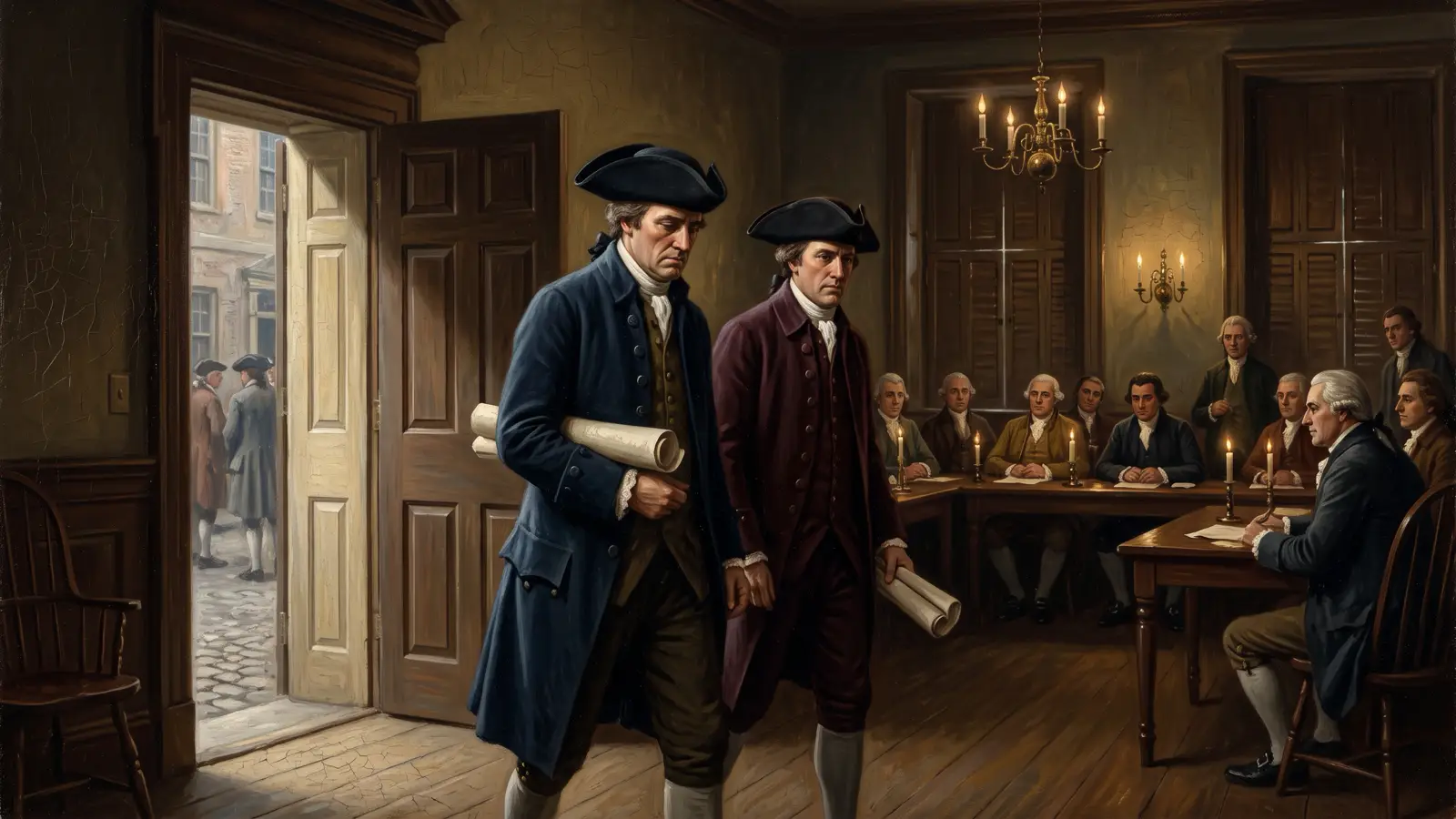 Two delegates walking out of the shuttered Pennsylvania State House, 1787, oil painting
