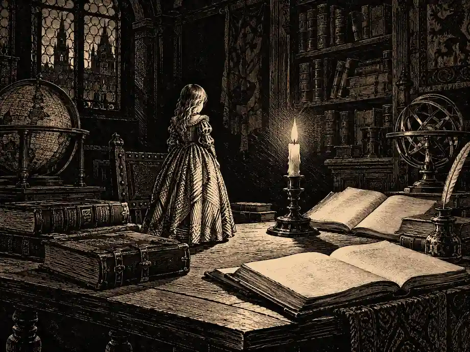 A woodcut-style image of a small girl in a long gown stepping out from behind stacked books in a candlelit study